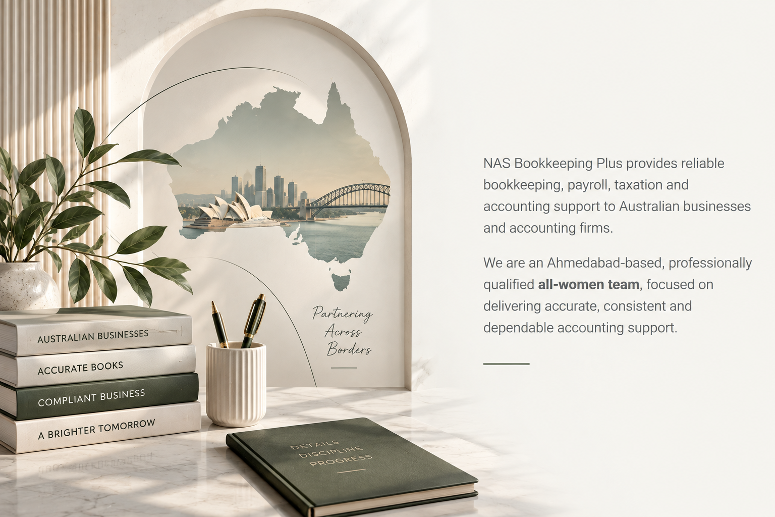 NAS Bookkeeping Plus provides reliable bookkeeping, payroll, taxation and accounting support to Australian businesses and accounting firms. We are an Ahmedabad-based, professionally qualified all-women team focused on accurate, consistent and dependable accounting support.