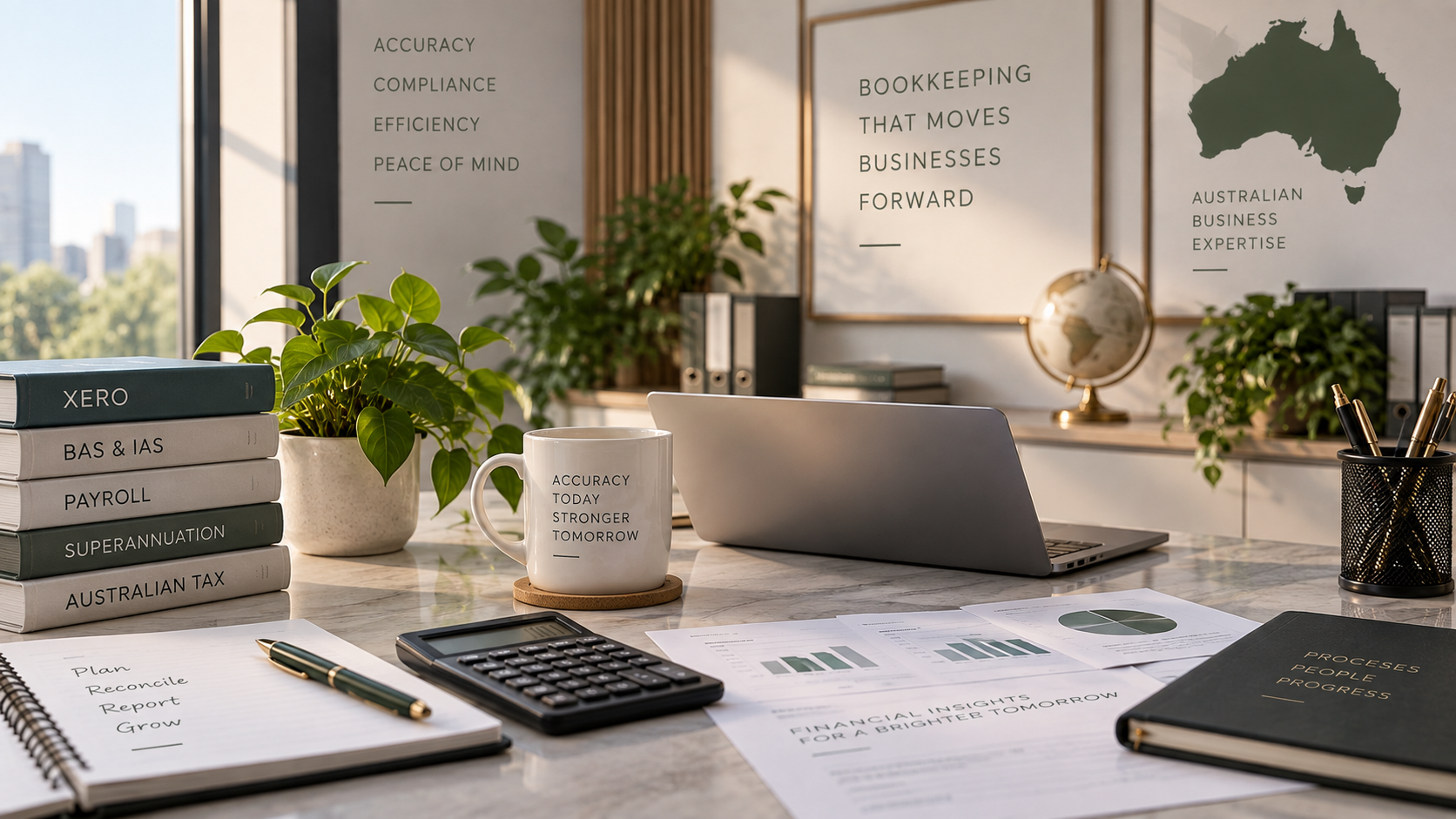 Australian bookkeeping workspace with accounting reports and business tools